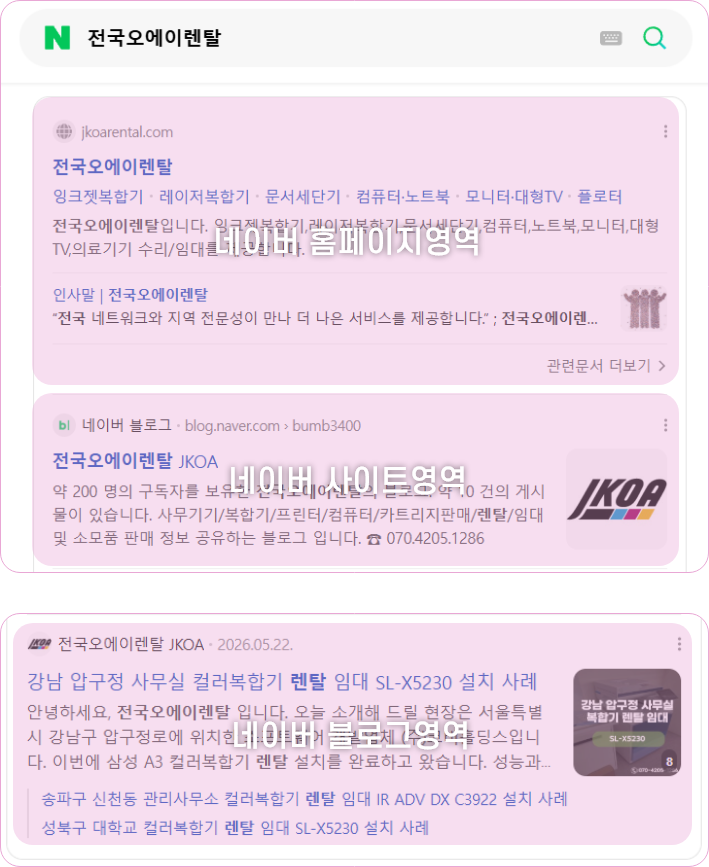 네이버 검색 시 각 섹션(홈페이지 영역, 사이트 영역, 블로그 영역)에 모두 노출